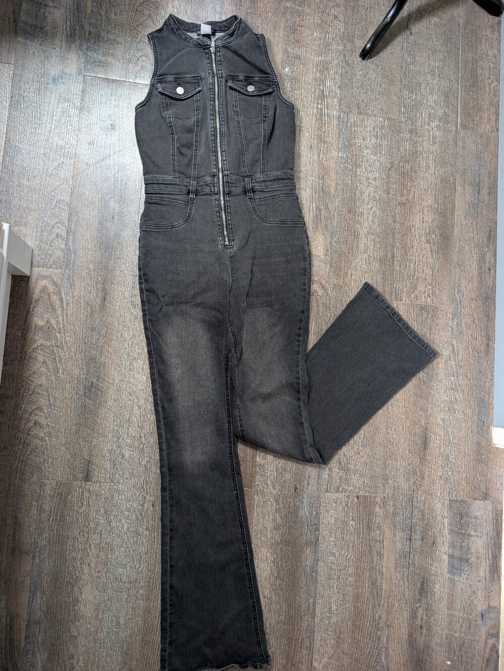 Venus Sleeveless Black Denim Zip-Front Jumpsuit